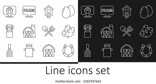 Set line Horseshoe, Potato, Bird house, Farm, Can container for milk, Location farm, Shovel and rake and  icon. Vector