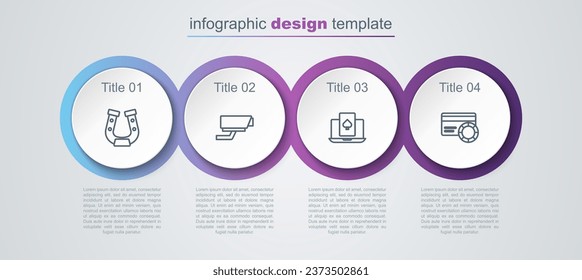 Set line Horseshoe, Security camera, Online poker table game and Credit card. Business infographic template. Vector