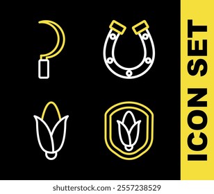 Set line Horseshoe, Shield corn, Corn and Sickle icon. Vector