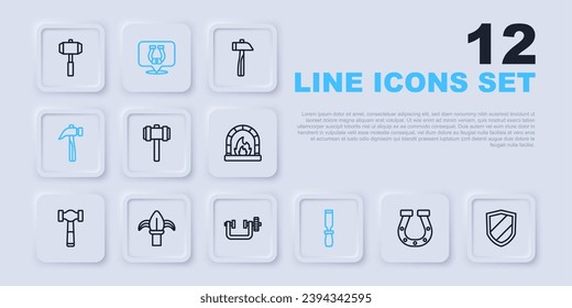 Set line Horseshoe, Shield, Sledgehammer, Rasp metal file, Hammer, Classic iron fence,  and Clamp and screw tool icon. Vector