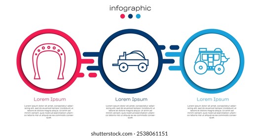 Set line Horseshoe, Wild west vagão coberto e diligência ocidental. Modelo de infográfico comercial. Vetor