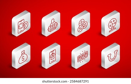 Set line Horseshoe, Winner holding prize ticket, Casino chip with dollar, Lottery machine, Slot jackpot, Online poker table game, Lucky wheel on phone and Money bag icon. Vector