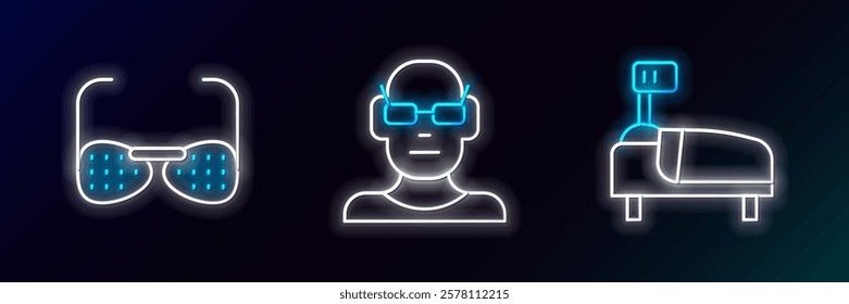 Set line Hospital bed, Blind glasses and Poor eyesight icon. Glowing neon. Vector