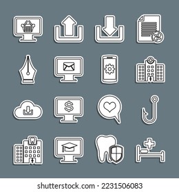 Set line Hospital bed, Fishing hook, Medical hospital building, Download, Monitor and envelope, Fountain pen nib, with shopping basket and Setting smartphone icon. Vector