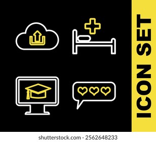 Set line Hospital bed, Like and heart, Monitor with graduation cap and Cloud upload icon. Vector