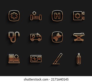 Set line Hospital building, Monitor with cardiogram, Emergency - Star of Life, Surgery scalpel, Medical thermometer, Ambulance, Stretcher and DNA symbol icon. Vector