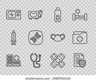 Set line Hospital building, Patient record, Digital thermometer, Stethoscope, Monitor with cardiogram, DNA symbol, Crossed bandage plaster and  icon. Vector