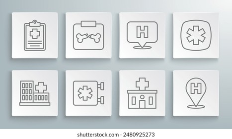 Set line Hospital building, X-ray shots with broken bone, Emergency Star of Life, Location hospital,  and Patient record icon. Vector