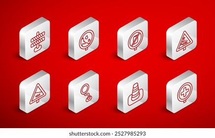 Set line Hospital road traffic, Road warning rockfall, No cell phone, Warning sign, Traffic cone, barrier,  and Steep ascent and descent icon. Vector