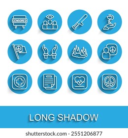 Set line Hospital signboard, Document, Censored stamp, Heart rate, Peace, Handcuffs on hands of criminal, talks and Burning car icon. Vector