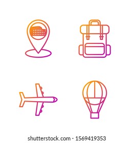 Set line Hot air balloon, Plane, Map pointer with Coliseum in Rome, Italy and Hiking backpack. Gradient color icons. Vector