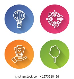Set line Hot air balloon, Target sport for shooting competition, Hand holding playing cards and Cotton candy. Color circle button. Vector