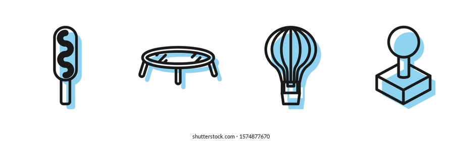 Set line Hot air balloon, Corn dog, Jumping trampoline and Joystick for arcade machine icon. Vector