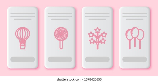 Set line Hot air balloon, Lollipop, Fireworks and Balloons with ribbon. White rectangle button. Vector