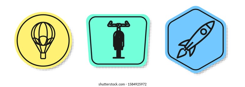 Set line Hot air balloon, Bicycle and Rocket ship with fire. Colored shapes. Vector