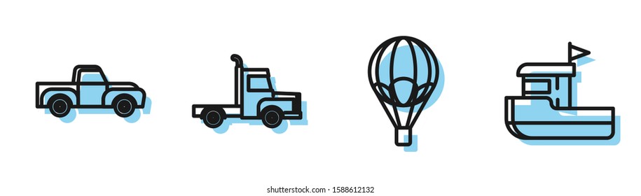 Set line Hot air balloon, Pickup truck, Delivery cargo truck vehicle and Fishing boat icon. Vector