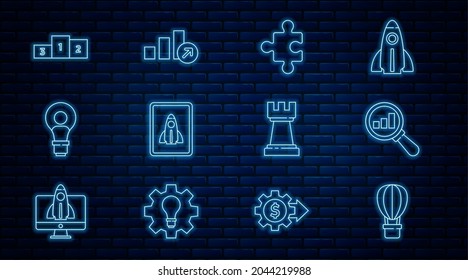Set line Hot air balloon, Magnifying glass and analysis, Piece of puzzle, Startup project concept, Head with lamp bulb, Business podium, Chess and Financial growth icon. Vector