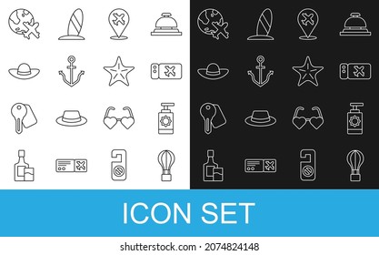 Set line Hot air balloon, Sunscreen spray bottle, Airline ticket, Plane, Anchor, Elegant women hat, Globe with flying plane and Starfish icon. Vector