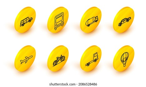Set line Hot air balloon, Delivery cargo truck vehicle, Bicycle, Plane, Sedan, Tanker, Bus and Off road icon. Vector