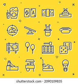 Set line Hot air balloon, Game dice, Hotdog, Stacks paper money cash, Seesaw, Hunt rabbit with crosshairs, Popcorn in box and glass and Magician hat icon. Vector