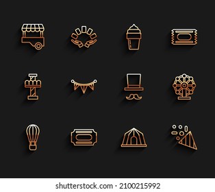 Set line Hot air balloon, Circus ticket, Fast street food cart, tent, Festive confetti, Carnival garland with flags, Ferris wheel and Magician icon. Vector