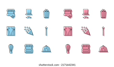 Set line Hot air balloon, Fast street food cart, Circus tent, Festive confetti, Magic wand, curtain raises and Magician icon. Vector