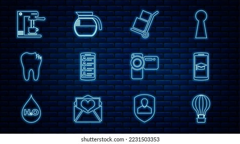 Set line Hot air balloon, Graduation cap mobile, Hand truck and boxes, Smartphone with contacts, Broken tooth, Coffee machine cup, Cinema camera and pot icon. Vector