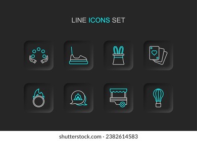 Set line Hot air balloon, Fast street food cart, Circus tent, fire hoop, Playing cards, Magician hat and rabbit ears, Bumper and Juggling icon. Vector
