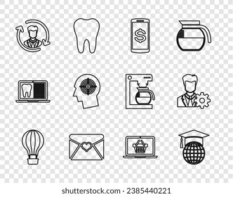 Set line Hot air balloon, Graduation cap globe, Smartphone with dollar, Envelope Valentine heart, Human resources, Head hunting concept, Shopping basket laptop and Profile settings icon. Vector