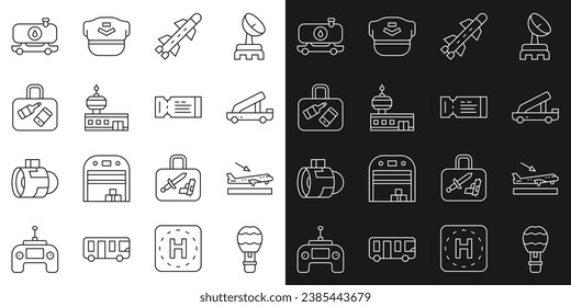 Set line Hot air balloon, Plane landing, Passenger ladder, Rocket, Airport control tower, Suitcase, Fuel tanker truck and Airline ticket icon. Vector
