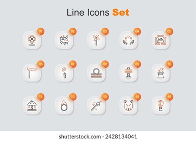 Set line Hot air balloon, Bear head, Magic wand, Circus fire hoop, Attraction carousel, Magician hat,  and Roller coaster icon. Vector