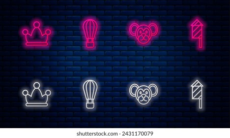Set line Hot air balloon, Monkey, Jester hat with bells and Firework rocket. Glowing neon icon on brick wall. Vector