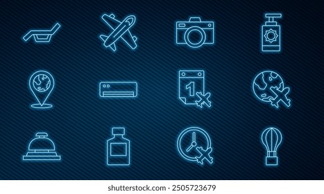 Set line Hot air balloon, Globe with flying plane, Photo camera, Air conditioner, Location the globe, Sunbed and umbrella, Calendar airplane and Plane icon. Vector