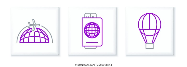 Set line Hot air balloon, Globe with flying plane and Passport ticket icon. Vector