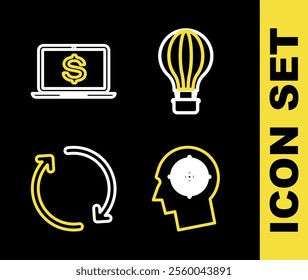 Set line Hot air balloon, Head hunting concept, Refresh and Laptop with dollar icon. Vector