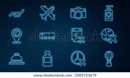 Set line Hot air balloon, Globe with flying plane, Photo camera, Air conditioner, Location the globe, Sunbed and umbrella, Calendar airplane and Plane icon. Vector