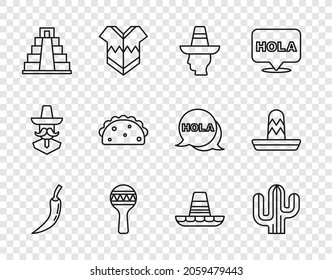 Set line Hot chili pepper pod, Cactus, Mexican man sombrero, Maracas, Chichen Itza in Mayan, Taco with tortilla,  and  icon. Vector