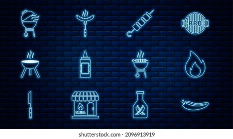 Set line Hot chili pepper pod, Fire flame, Grilled shish kebab, Mustard bottle, Barbecue grill, grilled and Sausage on the fork icon. Vector