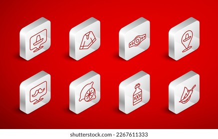 Set line Hot chili pepper pod, Poncho, Wrestling championship belt, Mexican sombrero, Tequila bottle, Lime and Mustache icon. Vector