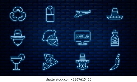 Fija la línea de la lata de pimienta picante, botella de Tequila, pistolas de Vintage, Lime, sombrero mexicano, frijoles, Hola e ícono de Burrito. Vector