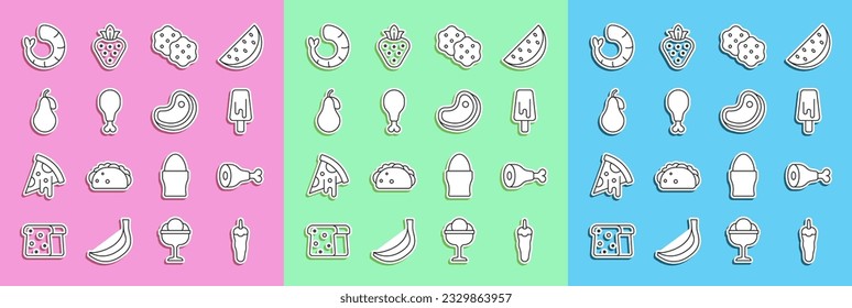 Línea Pimienta picante caliente, pierna de pollo, helado, galleta crustácea, Persa, camarón y un icono de carne de filete. Vector