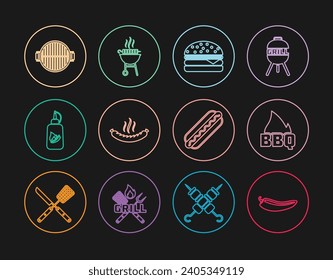 Set line Hot chili pepper pod, Barbecue fire flame, Burger, Sausage, Ketchup bottle, grill, Hotdog sandwich and grilled shish kebab icon. Vector