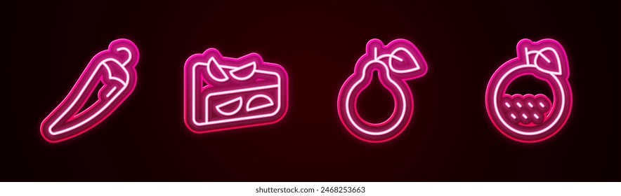 Set line Hot chili pepper, Homemade fruit pie, Pear and Orange. Glowing neon icon. Vector