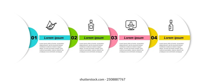 Set line Hot chili pimenta pod, garrafa de tequila, sombrero mexicano e molho Tabasco. Modelo de infográfico comercial. Vetor