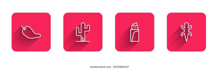 Set line Hot chili pepper pod, Cactus, Burrito and Lizard with long shadow. Red square button. Vector