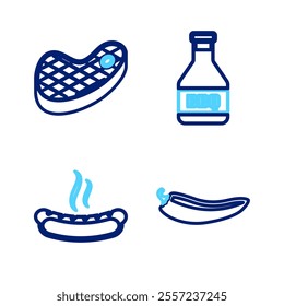 Set line Hot chili pepper pod, Hotdog sandwich, Ketchup bottle and Steak meat icon. Vector