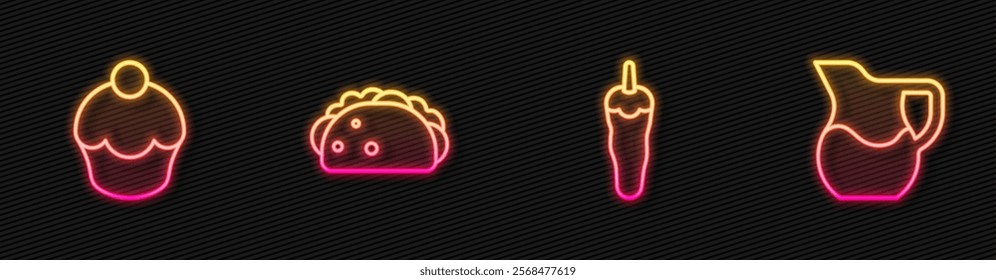 Set line Hot chili pepper, Muffin, Taco with tortilla and Jug glass milk. Glowing neon icon. Vector