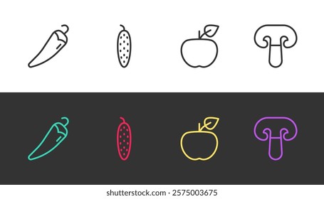 Set line Hot chili pepper, Cucumber, Apple and Mushroom on black and white. Vector