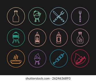 Set line Hot chili pepper pod, Ketchup bottle, Crossed fork and knife, Barbecue grill, Mustard and  icon. Vector