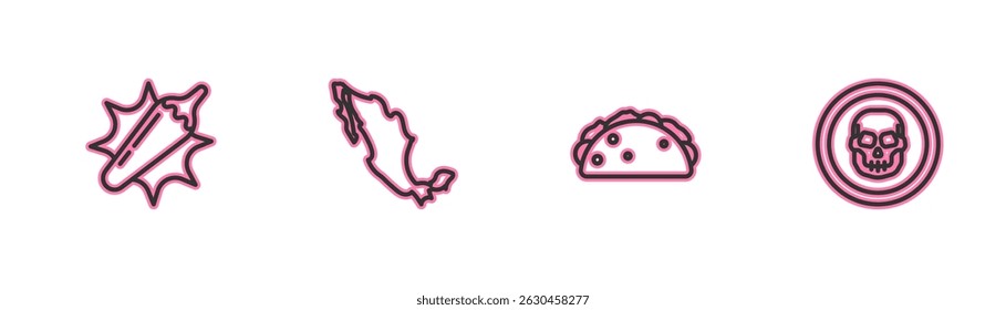 Set line Hot chili pepper pod, Taco with tortilla, Map of mexican and Mexican skull coin icon. Vector